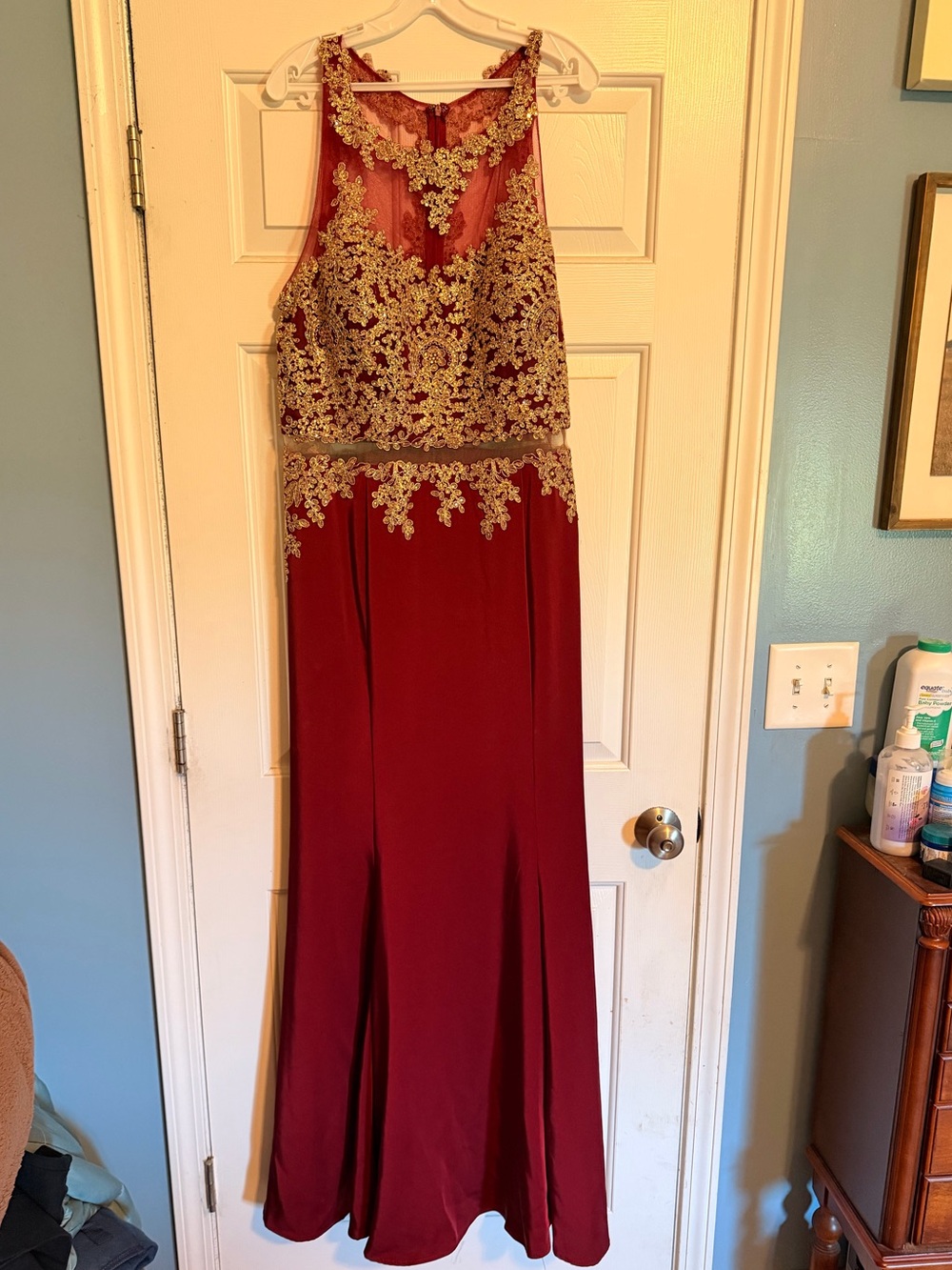 Dancing Queen Burgundy Prom Gown with Gold Lace Bodice